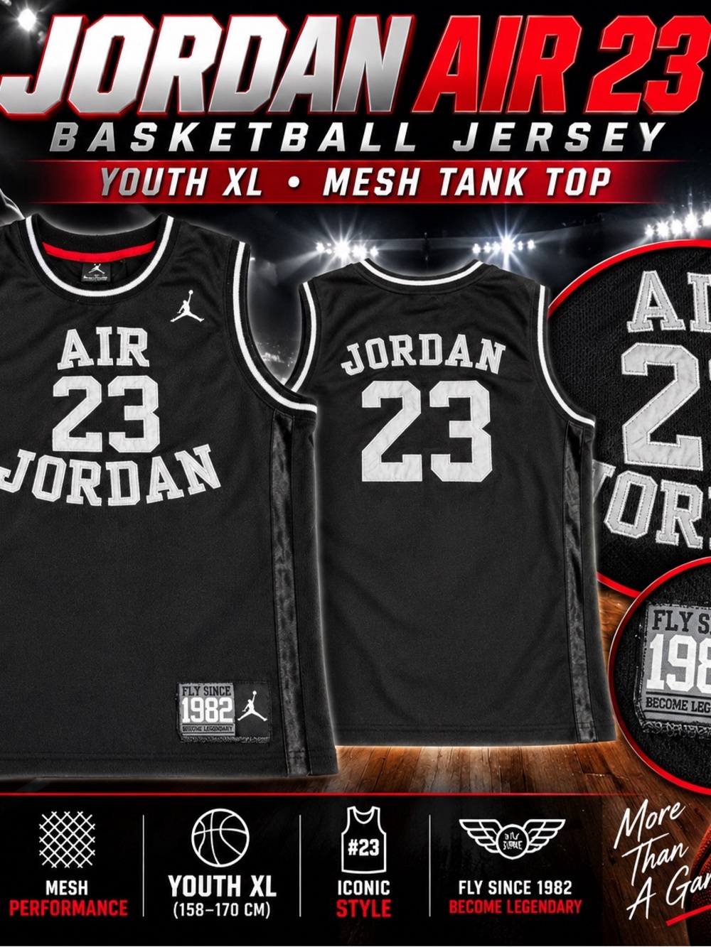 Jordan Air 23 Basketball Jersey Youth XL Black White Jumpman Mesh Tank Top